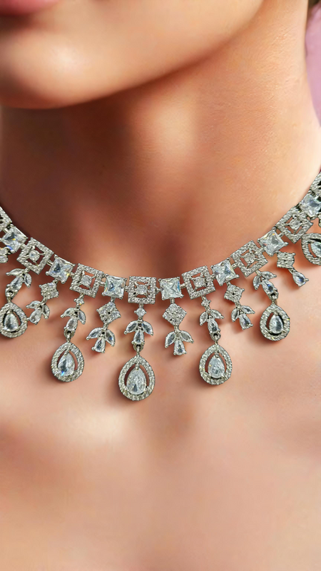 Silver Plated American Diamond Necklace Set
